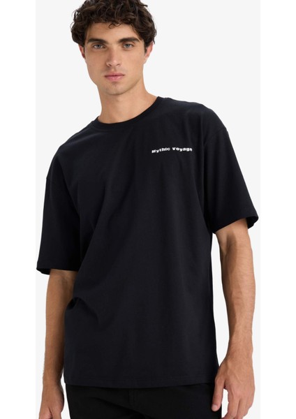 %100 Pamuk Boxy Fit Rahat Kesim Bisiklet Yaka Sırt Baskılı Kısa Kollu Tişört F8327AX25AU