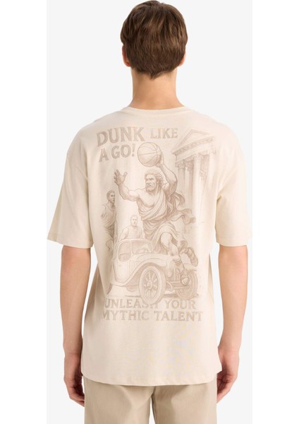 %100 Pamuk Boxy Fit Rahat Kesim Bisiklet Yaka Sırt Baskılı Kısa Kollu Tişört F8330AX25AU