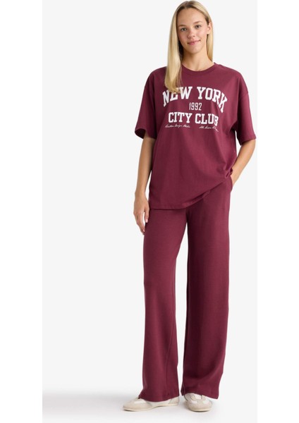 Oversize Geniş Kalıp Bisiklet Yaka Baskılı Kısa Kollu Tişört F7876AX25AU