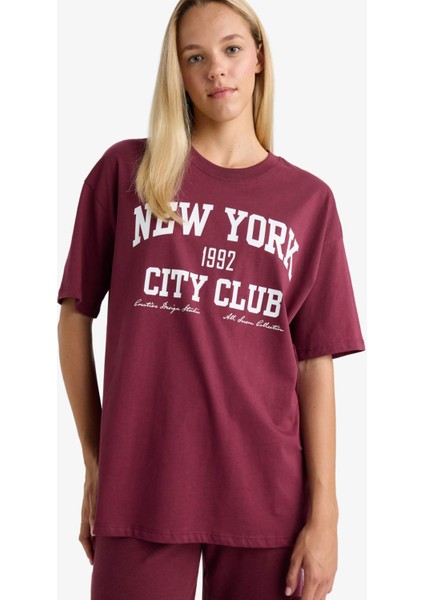 Oversize Geniş Kalıp Bisiklet Yaka Baskılı Kısa Kollu Tişört F7876AX25AU