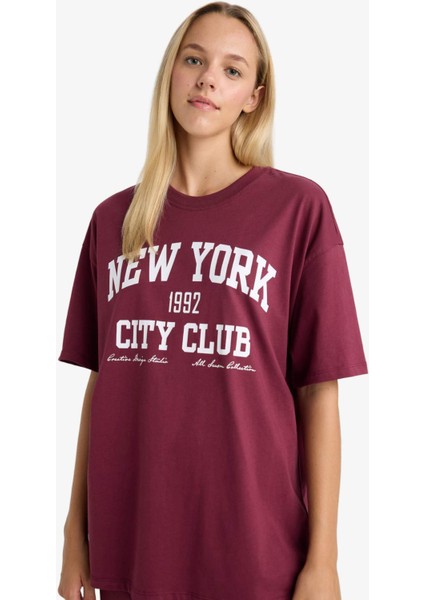 Oversize Geniş Kalıp Bisiklet Yaka Baskılı Kısa Kollu Tişört F7876AX25AU