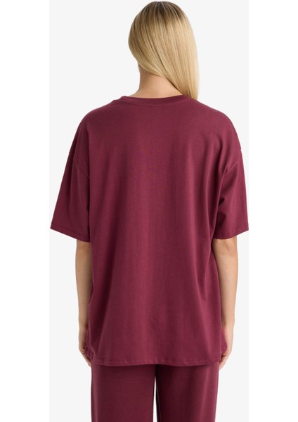 Oversize Geniş Kalıp Bisiklet Yaka Baskılı Kısa Kollu Tişört F7876AX25AU