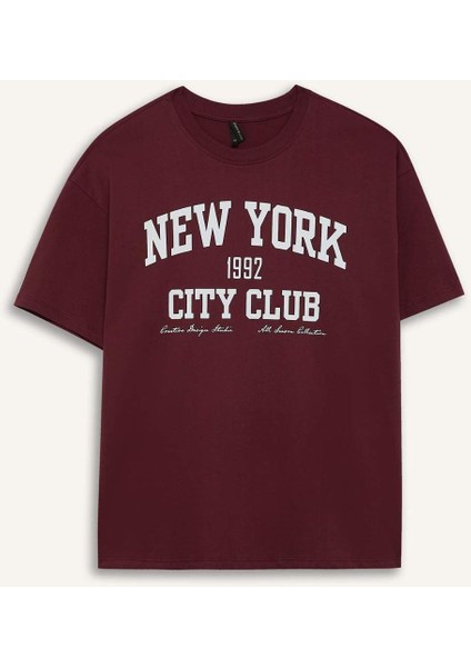 Oversize Geniş Kalıp Bisiklet Yaka Baskılı Kısa Kollu Tişört F7876AX25AU