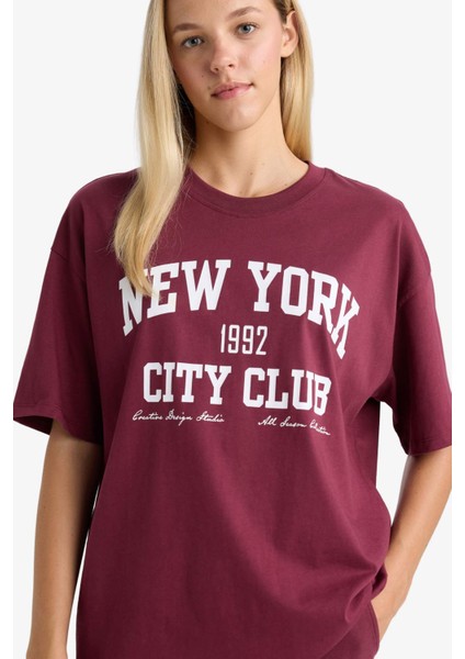 Oversize Geniş Kalıp Bisiklet Yaka Baskılı Kısa Kollu Tişört