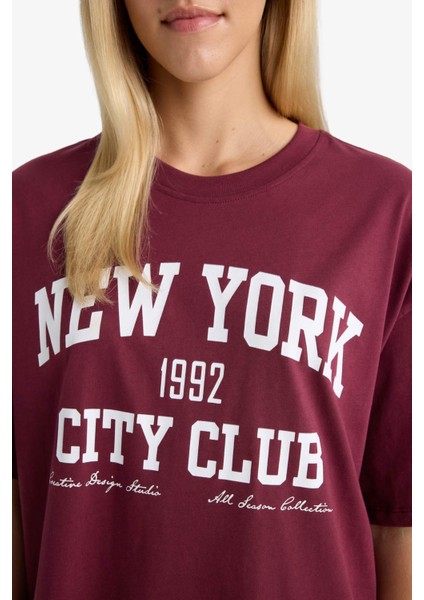 Oversize Geniş Kalıp Bisiklet Yaka Baskılı Kısa Kollu Tişört