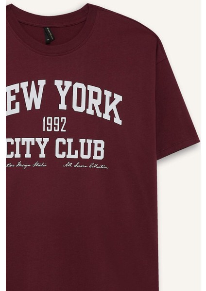 Oversize Geniş Kalıp Bisiklet Yaka Baskılı Kısa Kollu Tişört