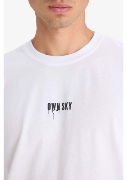 %100 Pamuk Boxy Fit Bisiklet Yaka Sırt Baskılı Kısa Kollu Tişört F8649AX25HS