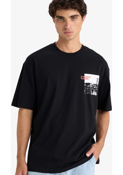 %100 Pamuk Boxy Fit Bisiklet Yaka Baskılı Kısa Kollu Tişört F8555AX25HS