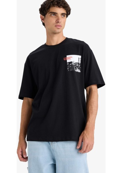 %100 Pamuk Boxy Fit Bisiklet Yaka Baskılı Kısa Kollu Tişört F8555AX25HS