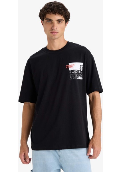 %100 Pamuk Boxy Fit Bisiklet Yaka Baskılı Kısa Kollu Tişört F8555AX25HS