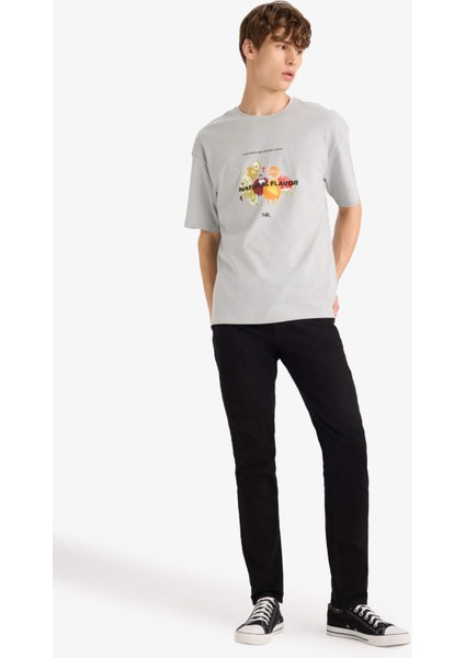 Boxy Fit Bisiklet Yaka Baskılı Kısa Kollu Tişört F8567AX25HS