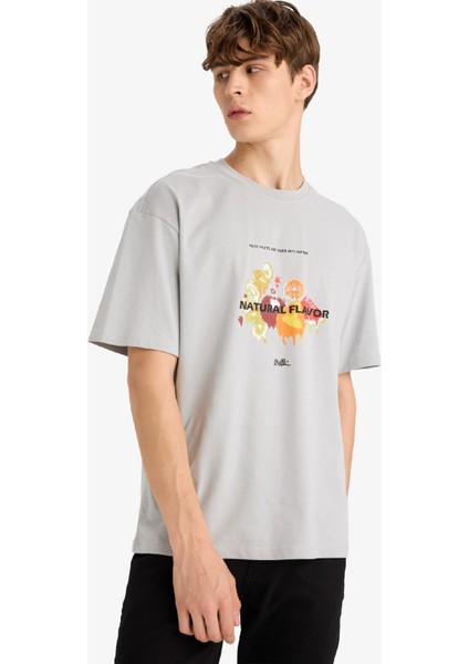 Boxy Fit Bisiklet Yaka Baskılı Kısa Kollu Tişört F8567AX25HS