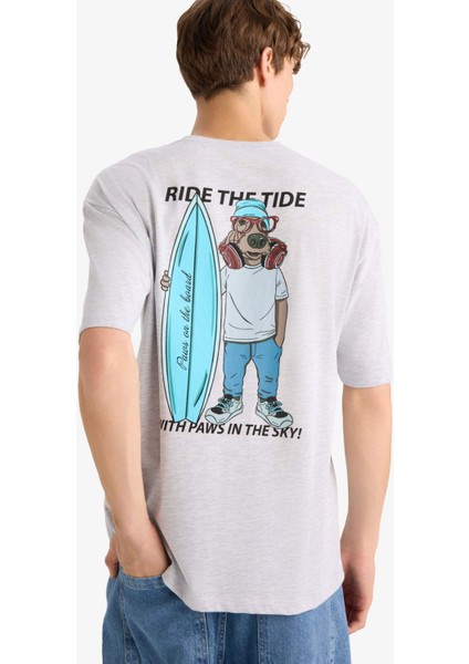 Boxy Fit Bisiklet Yaka Sırt Baskılı Kısa Kollu Tişört F4541AX25HS