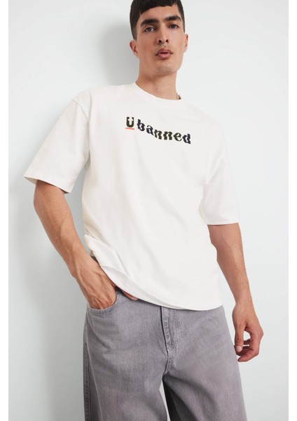 %100 Pamuk Loose Fit Rahat Kesim Bisiklet Yaka Baskılı Kısa Kollu Tişört F5731AX25AU