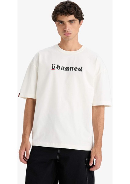 %100 Pamuk Loose Fit Rahat Kesim Bisiklet Yaka Baskılı Kısa Kollu Tişört F5731AX25AU