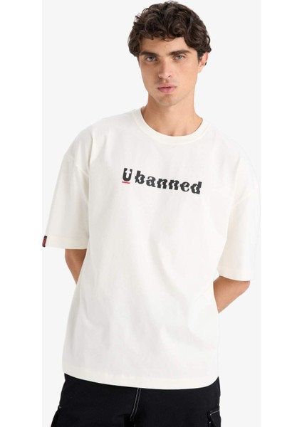 %100 Pamuk Loose Fit Rahat Kesim Bisiklet Yaka Baskılı Kısa Kollu Tişört F5731AX25AU