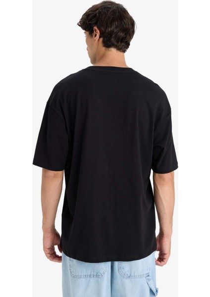 %100 Pamuk Boxy Fit Bisiklet Yaka Baskılı Kısa Kollu Tişört F8555AX25HS