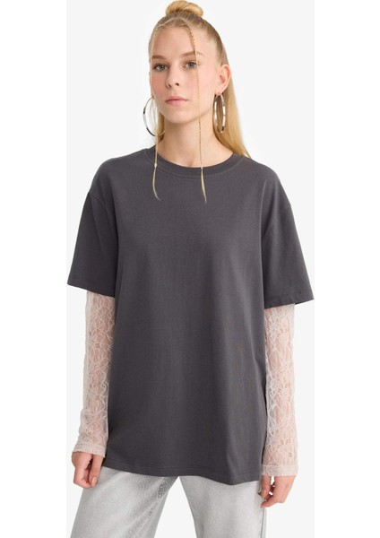 Coool Oversize Geniş Kalıp Bisiklet Yaka Dantel Detaylı Uzun Kollu Tişört E7605AX25AU