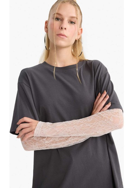 Coool Oversize Geniş Kalıp Bisiklet Yaka Dantel Detaylı Uzun Kollu Tişört E7605AX25AU