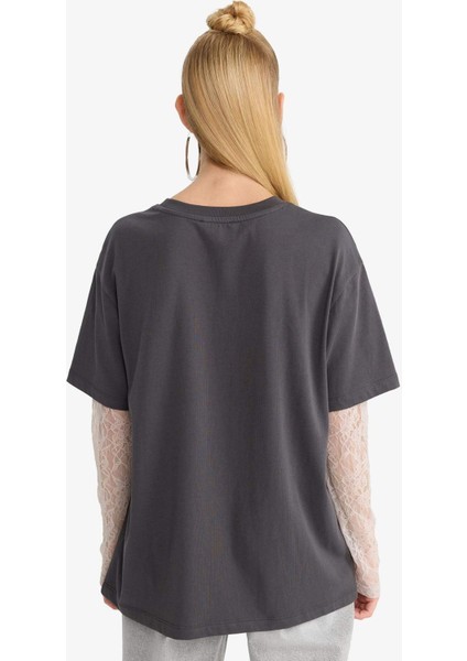 Coool Oversize Geniş Kalıp Bisiklet Yaka Dantel Detaylı Uzun Kollu Tişört E7605AX25AU