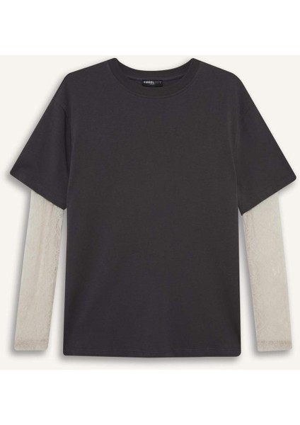 Coool Oversize Geniş Kalıp Bisiklet Yaka Dantel Detaylı Uzun Kollu Tişört E7605AX25AU