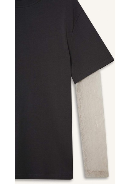 Coool Oversize Geniş Kalıp Bisiklet Yaka Dantel Detaylı Uzun Kollu Tişört E7605AX25AU