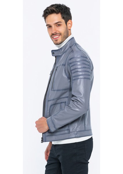 Erkek Biker Gri Hakiki Kuzu Deri Ceket - B3455 fiyatları