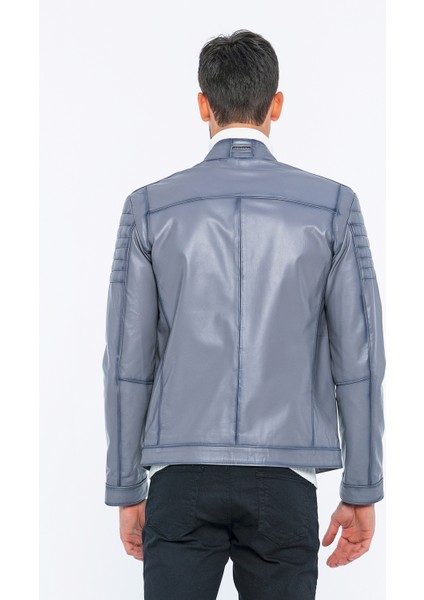 Erkek Biker Gri Hakiki Kuzu Deri Ceket - B3455