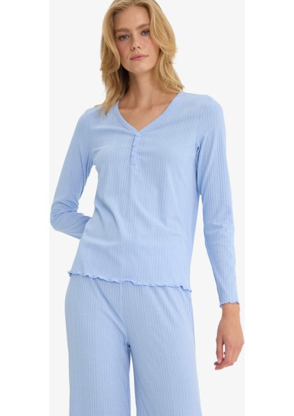 Pijama Takımı Regular Fit Ribana Uzun Kollu Üst Uzun Alt-Fall in Love D2273AX25AU