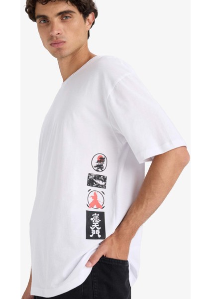 %100 Pamuk Boxy Fit Bisiklet Yaka Baskılı Kısa Kollu Tişört F8908AX25HS