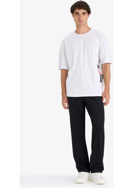 %100 Pamuk Boxy Fit Bisiklet Yaka Baskılı Kısa Kollu Tişört F8908AX25HS