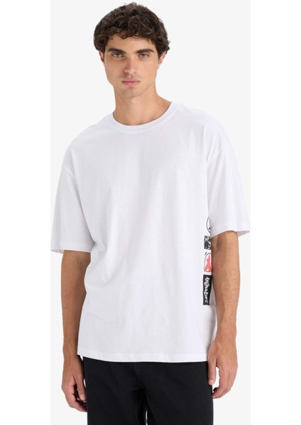 %100 Pamuk Boxy Fit Bisiklet Yaka Baskılı Kısa Kollu Tişört F8908AX25HS