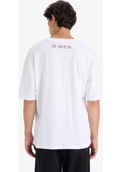 %100 Pamuk Boxy Fit Bisiklet Yaka Baskılı Kısa Kollu Tişört F8908AX25HS