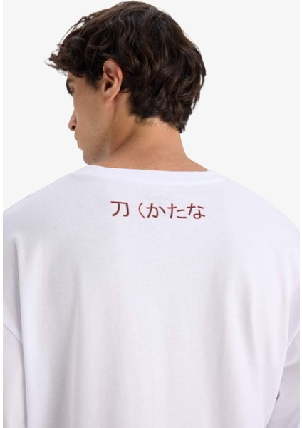 %100 Pamuk Boxy Fit Bisiklet Yaka Baskılı Kısa Kollu Tişört F8908AX25HS