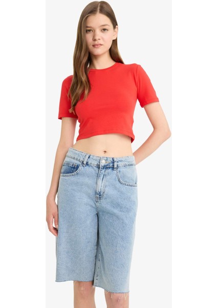 Coool Fitted Crop Basic Düz Kırmızı Kısa Kollu Tişört F8924AX25HS