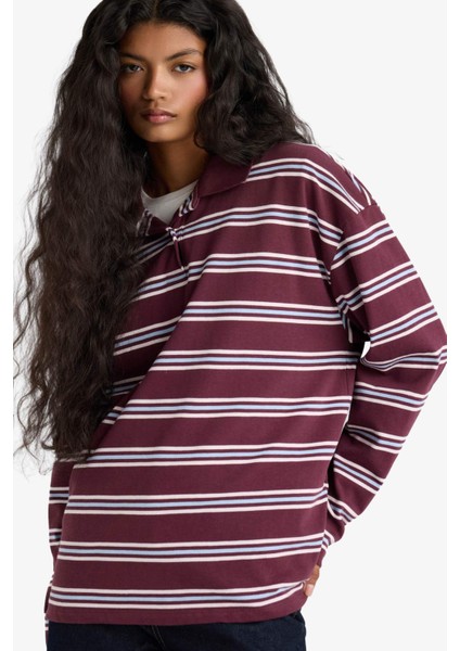Relax Fit Polo Yaka Çizgili Sweatshirt