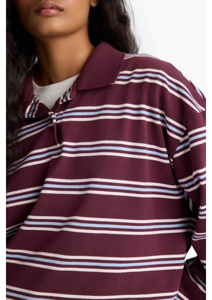 Relax Fit Polo Yaka Çizgili Sweatshirt