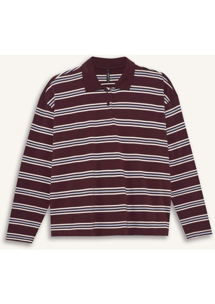Relax Fit Polo Yaka Çizgili Sweatshirt