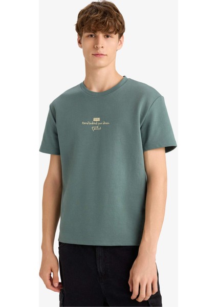 Boxy Fit Bisiklet Yaka Baskılı Kısa Kollu Tişört F8592AX25HS