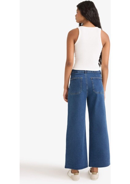 Kısa Geniş Paça Yüksek Bel Bilek Boy Jean Yıkamalı Pantolon F7804AX25AU