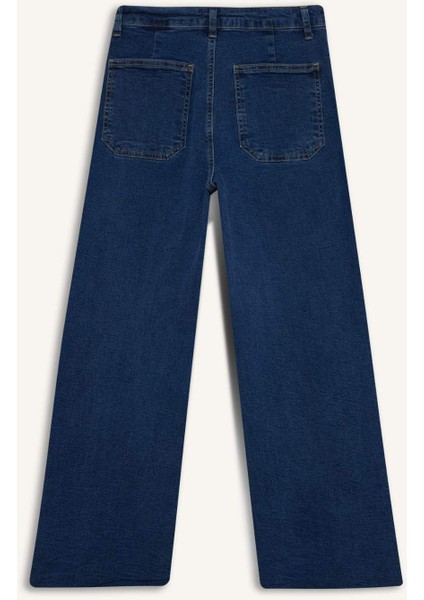 Kısa Geniş Paça Yüksek Bel Bilek Boy Jean Yıkamalı Pantolon F7804AX25AU