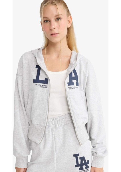 Coool Cropped Fit Kapüşonlu Baskılı Fermuarlı Sweatshirt