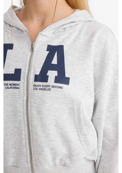 Coool Cropped Fit Kapüşonlu Baskılı Fermuarlı Sweatshirt