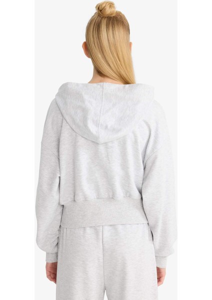Coool Cropped Fit Kapüşonlu Baskılı Fermuarlı Sweatshirt