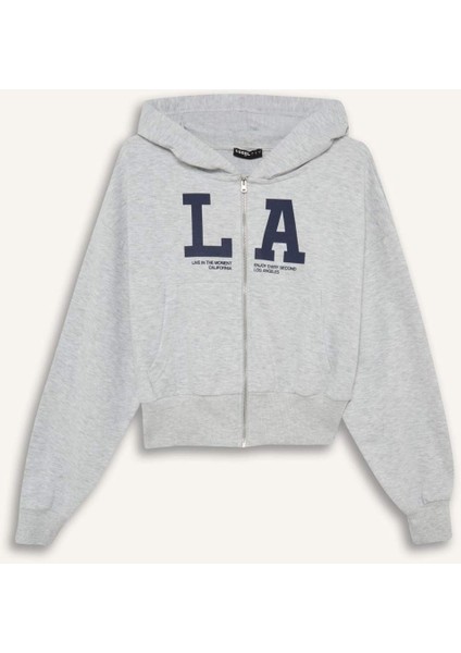 Coool Cropped Fit Kapüşonlu Baskılı Fermuarlı Sweatshirt