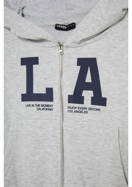 Coool Cropped Fit Kapüşonlu Baskılı Fermuarlı Sweatshirt