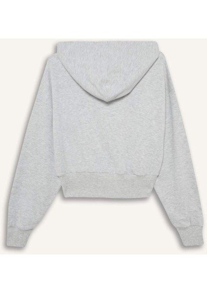 Coool Cropped Fit Kapüşonlu Baskılı Fermuarlı Sweatshirt