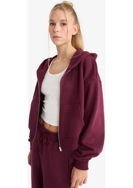 Cropped Fit Kapüşonlu Kalın Fermuarlı Sweatshirt Z7069AZ25WN