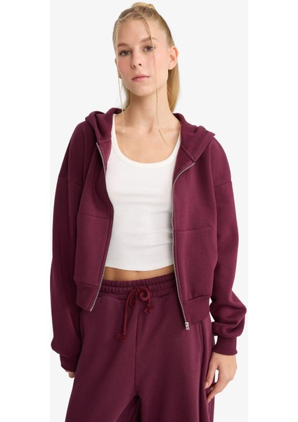 Cropped Fit Kapüşonlu Kalın Fermuarlı Sweatshirt Z7069AZ25WN