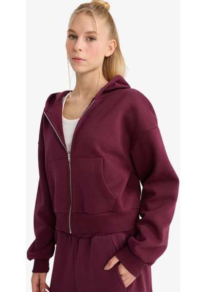 Cropped Fit Kapüşonlu Kalın Fermuarlı Sweatshirt Z7069AZ25WN